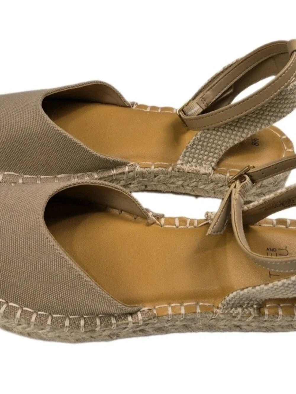 Espadrilles Beige Canvas Sz 8.5 Ankle Strap Close Toe Cushion Insole NWOB